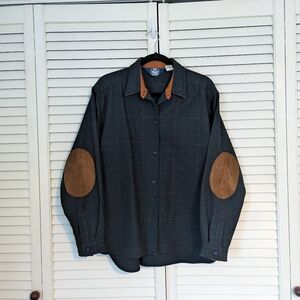 Vintage Woolrich Woman Wool Button Plaid Shirt Suede Elbow Pads Corduroy Collar